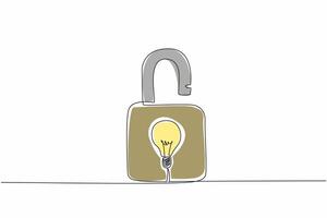 Continuous one line drawing a padlock with a light bulb in the middle. Works originating from ideas protected by patents. World Intellectual Property Day. Single line draw design illustration vector