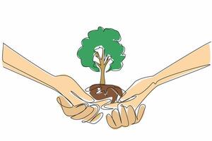 Continuous one line drawing hands stacked on top of each other to support a tree with a mound of earth. Working together to plant trees. National Arbor Day. Single line draw design illustration vector