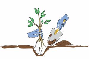 Single continuous line drawing hand holding shovel and small tree. Planting trees greens the earth. Spreads oxygen levels. Comfortable earth. National Arbor Day. One line design illustration vector