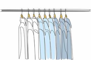 Single continuous line drawing clothes hanger with several shirts of various colors hanging. Ironed, ready to wear. Hang it there are no creases. Get Organized Day. One line design illustration vector