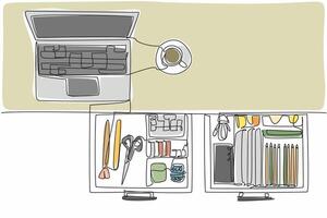 Continuous one line drawing work desk with open drawers and various contents. A tidy workspace always creates enthusiasm. Spirit at work. Get Organized Day. Single line draw design illustration vector