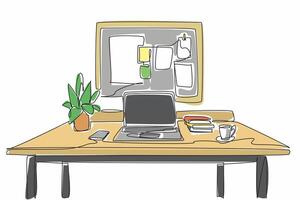Single continuous line drawing work desk equipped with laptop for work. Small notes for urgent work reminders. Warm coffee always accompanies. Get Organized Day. One line design illustration vector
