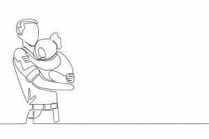 Single continuous line drawing a man in casual clothes carrying a koala. a man in casual clothes carrying a koala. Pampering with humans. Hug an Australian Day. One line design vector