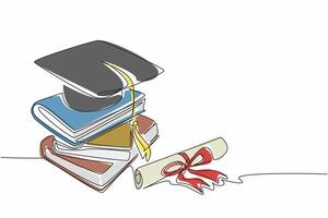 Continuous one line drawing some books stacked and on top of them is a graduation hat. Graduation symbol. Learning intelligence. National Dissertation Day. Single line draw design vector