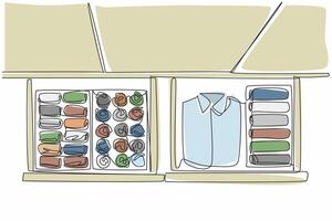 Continuous one line drawing wardrobe drawer opened and inside there are clothes of woman. Very well arranged and organized. Neatness. Get Organized Day. Single line draw design illustration vector