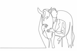 Continuous one line drawing male veterinarian hugging horse head. Gently stroke the head before performing the check. Profession. National Help A Horse Day. Single line draw design vector