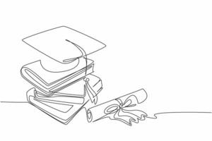 Continuous one line drawing some books stacked and on top of them is a graduation hat. Graduation symbol. Learning intelligence. National Dissertation Day. Single line draw design illustration vector