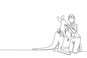 Single one line drawing a woman is crouching and hugging kangaroo. Female tourist takes the opportunity to hug a kangaroo. Activity. Hug an Australian Day. Continuous line design graphic vector