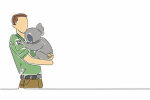 Single continuous line drawing a man in casual clothes carrying a koala. a man in casual clothes carrying a koala. Pampering with humans. Hug an Australian Day. One line design illustration vector