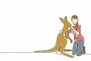 Single one line drawing a woman is crouching and hugging kangaroo. Female tourist takes the opportunity to hug a kangaroo. Activity. Hug an Australian Day. Continuous line design graphic illustration vector