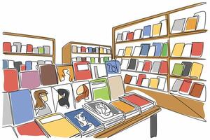 Continuous one line drawing the inside of the bookstore is full of shelves filled with books. Selling cheap and quality books. Independent Bookstore Day. Single line draw design illustration vector