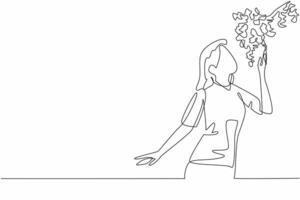 Single one line drawing a woman smells the scent of hanging flowers. Curious about the scent that is so fragrant. Luxury. National Sense Of Smell Day. Continuous line design illustration vector