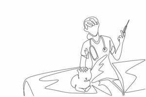 Continuous one line draw female veterinarian doctor sitting on treatment bed holding injection. Get vaccinated. Prevent disease. World Veterinary Day. Single line draw illustration vector