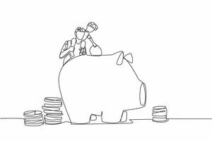 Single one line drawing father carries his son on his shoulders to teach the importance of saving. Financial planning. National Teach Children to Save Day. Continuous line design graphic vector