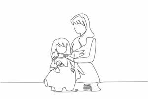 Continuous one line drawing mother holding her daughter who is putting coins into a piggy bank. Agree in body language. National Teach Children to Save Day. Single line draw illustration vector