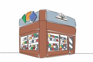 Single continuous line drawing bookstore located in corner of the building. An ancient building that sells many books. Historical place. Independent Bookstore Day. One line design illustration vector