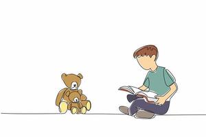 Single continuous line drawing boy sitting crossed legs reading a story book to a teddy bear. The tale of the bear and the human. Story. National Tell a Story Day. One line design illustration vector