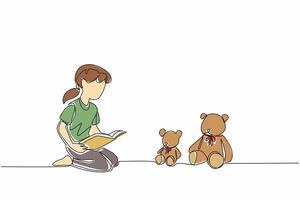 Single continuous line draw girl sitting on the floor reading a story book to a teddy bear. Very interesting folktale. Share the joy. National Tell a Story Day. One line design illustration vector