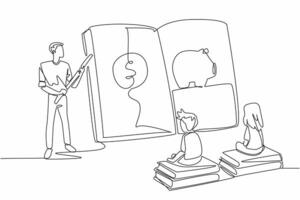 Single continuous line drawing boy and girl sitting on a pile of books. Teaching the importance of saving. For the future. National Teach Children to Save Day. One line design illustration vector
