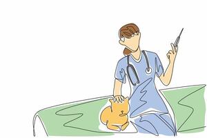 Continuous one line draw female veterinarian doctor sitting on treatment bed holding injection. Get vaccinated. Prevent disease. World Veterinary Day. Single line draw design vector