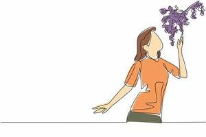 Single one line draw a woman smells the scent of hanging flowers. Curious about the scent that is so fragrant. Luxury. National Sense Of Smell Day. Continuous line design graphic illustration vector