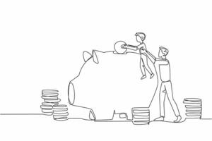 Single continuous line draw father holding his son who wants to put big coins into the piggy bank. Teach in every condition. National Teach Children to Save Day. One line design vector