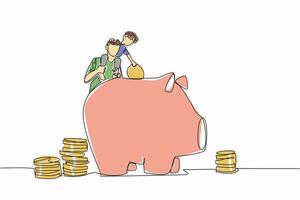 Single one line draw father carries his son on his shoulders to teach the importance of saving. Financial planning. National Teach Children to Save Day. Continuous line design graphic illustration vector