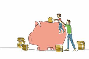 Single continuous line draw father holding his son who wants to put big coins into the piggy bank. Teach in every condition. National Teach Children to Save Day. One line illustration vector