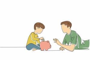 Single continuous line drawing father lying on stomach accompanying his son putting coins into the piggy bank. Hobby of saving. National Teach Children to Save Day. One line illustration vector