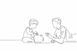 Single continuous line drawing father lying on stomach accompanying his son putting coins into the piggy bank. Hobby of saving. National Teach Children to Save Day. One line design vector
