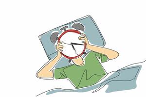Single continuous line drawing person lying on bed holding alarm clock and covering his head. The organ of body systems work at certain hours. Biological Clock Day. One line illustration vector