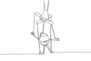 Single one line draw hand holding hand puppet of an employee or a politician. A satirical performance. Folk entertainment. National Day of Puppetry. Continuous line design graphic illustration vector