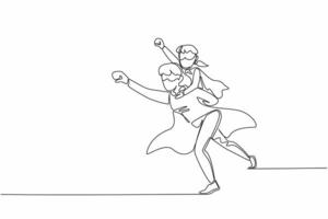 Single one line drawing mother carries her daughter on her back and poses as if she wants to fly. Will eradicate germs in the house. Autism Super Mom Day. Continuous line design graphic vector
