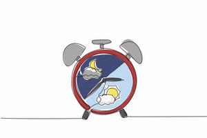 Single one line drawing alarm clock which has a picture of a cloudy crescent moon and a picture of a cloudy sun. Circadian rhythm. Biological Clock Day. Continuous line design illustration vector