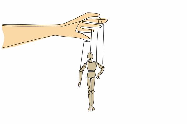 Single continuous line drawing fingers playing hand puppet. The puppeteer has story to perform. Staging contemporary. A show of ambition. National Day of Puppetry. One line design illustration