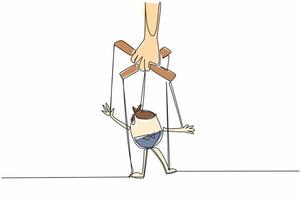 Single one line drawing hand holding hand puppet of an employee or a politician. A satirical performance. Folk entertainment. National Day of Puppetry. Continuous line design illustration vector