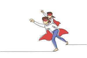 Single one line drawing mother carries her daughter on her back and poses as if she wants to fly. Will eradicate germs in the house. Autism Super Mom Day. Continuous line design graphic illustration vector