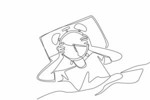 Single continuous line drawing person lying on bed holding alarm clock and covering his head. The organ of body systems work at certain hours. Biological Clock Day. One line design illustration vector