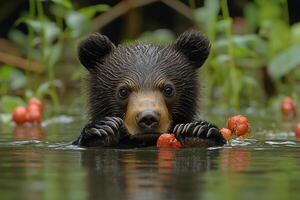 Brown Bear Cub Playing in Water with Berries photo