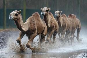 Camels Running Through Water in the Rain photo