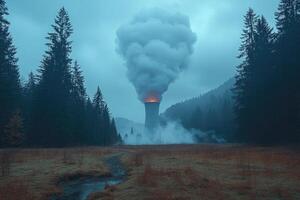 Cooling Tower Smoke Emission in a Forest Landscape photo