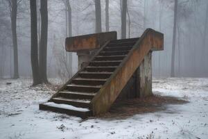 Concrete Steps Leading Into A Foggy Winter Forest photo