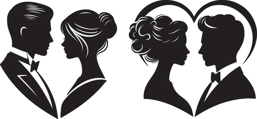 Symmetrical Elegance, Art Silhouettes of Couples in Heart Frames