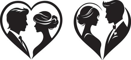 Romantic Profiles, Heart-Shaped Frames of Bride and Groom in Minimalist Style vector