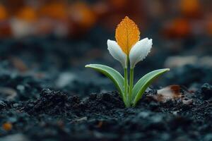 Delicate white flower with golden leaf emerges from dark soil photo