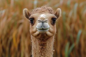 Dromedary Camel Portrait Against Blurry Background photo