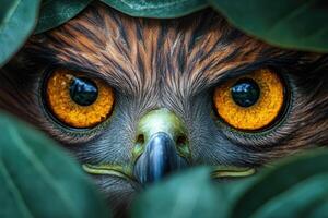 Eagle Eye Hidden Among Lush Green Leaves photo