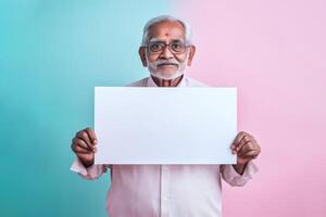 Elderly Man Holding Blank White Sign Pastel Background photo