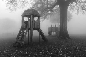 Foggy Playground Wooden Play Structures In A Park photo