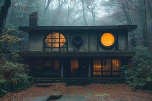 Forest House With Illuminated Windows At Dusk photo